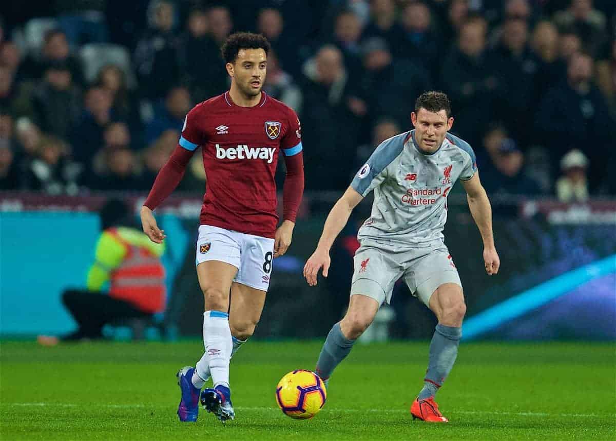 LONDON, ENGLAND - Monday, February 4, 2019: West Ham United's Felipe Anderson and Liverpool's captain James Milner during the FA Premier League match between West Ham United FC and Liverpool FC at the London Stadium. (Pic by David Rawcliffe/Propaganda)