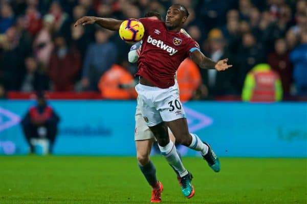 ONDON, ENGLAND - Monday, February 4, 2019: West Ham United's Michail Antonio during the FA Premier League match between West Ham United FC and Liverpool FC at the London Stadium. (Pic by David Rawcliffe/Propaganda)