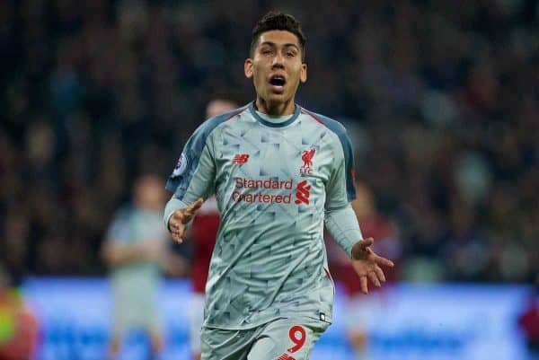 LONDON, ENGLAND - Monday, February 4, 2019: Liverpool's Roberto Firmino during the FA Premier League match between West Ham United FC and Liverpool FC at the London Stadium. (Pic by David Rawcliffe/Propaganda)