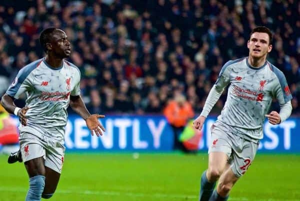 LONDON, ENGLAND - Monday, February 4, 2019: Liverpool's Sadio Mane celebrates scoring the first goal during the FA Premier League match between West Ham United FC and Liverpool FC at the London Stadium. (Pic by David Rawcliffe/Propaganda)