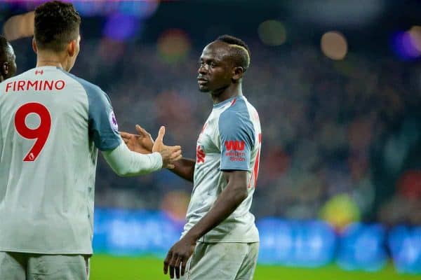 LONDON, ENGLAND - Monday, February 4, 2019: Liverpool's Sadio Mane celebrates scoring the first goal with team-mate Roberto Firmino during the FA Premier League match between West Ham United FC and Liverpool FC at the London Stadium. (Pic by David Rawcliffe/Propaganda)