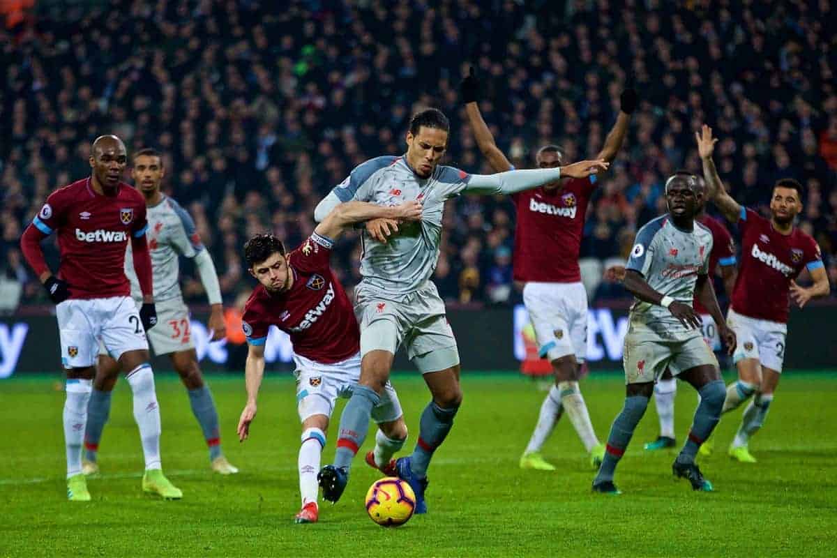 LONDON, ENGLAND - Monday, February 4, 2019: Liverpool's Virgil van Dijk during the FA Premier League match between West Ham United FC and Liverpool FC at the London Stadium. (Pic by David Rawcliffe/Propaganda)