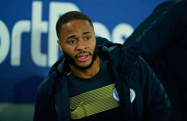LIVERPOOL, ENGLAND - Wednesday, February 6, 2019: Manchester City's substitute Raheem Sterling on the bench before the FA Premier League match between Everton FC and Manchester City FC at Goodison Park. (Pic by David Rawcliffe/Propaganda)