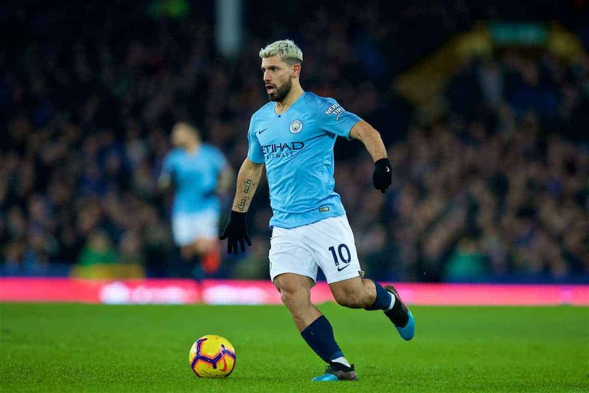 LIVERPOOL, ENGLAND - Wednesday, February 6, 2019: Manchester City's Sergio Aguero during the FA Premier League match between Everton FC and Manchester City FC at Goodison Park. (Pic by David Rawcliffe/Propaganda)