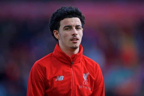 LIVERPOOL, ENGLAND - Saturday, February 9, 2019: Liverpool's substitute Curtis Jones during the pre-match warm-up before the FA Premier League match between Liverpool FC and AFC Bournemouth at Anfield. (Pic by David Rawcliffe/Propaganda)