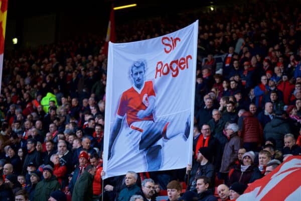 LIVERPOOL, ENGLAND - Saturday, February 9, 2019: Liverpool supporters' banner of 'Sir' Roger Hunt during the FA Premier League match between Liverpool FC and AFC Bournemouth at Anfield. (Pic by David Rawcliffe/Propaganda)