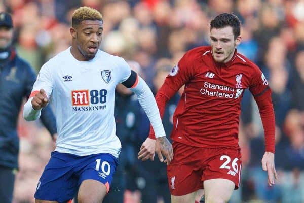 LIVERPOOL, ENGLAND - Saturday, February 9, 2019: AFC Bournemouth's Jordon Ibe (L) and Liverpool's Andy Robertson during the FA Premier League match between Liverpool FC and AFC Bournemouth at Anfield. (Pic by David Rawcliffe/Propaganda)