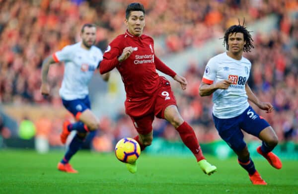 LIVERPOOL, ENGLAND - Saturday, February 9, 2019: Liverpool's Roberto Firmino gets away from AFC Bournemouth's Nathan Ake during the FA Premier League match between Liverpool FC and AFC Bournemouth at Anfield. (Pic by David Rawcliffe/Propaganda)