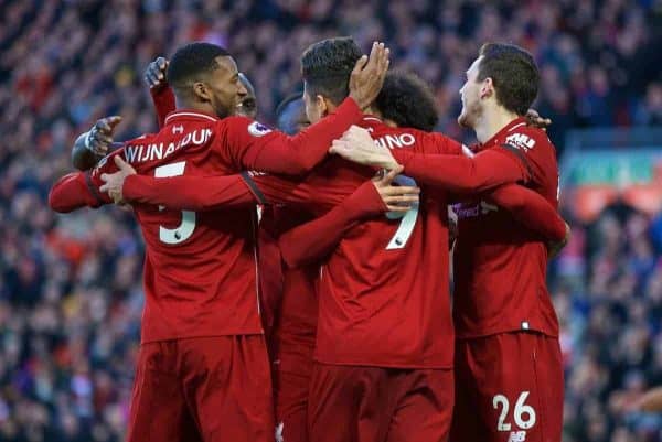 LIVERPOOL, ENGLAND - Saturday, February 9, 2019: Liverpool's Mohamed Salah celebrates scoring the third goal with team-mates during the FA Premier League match between Liverpool FC and AFC Bournemouth at Anfield. (Pic by David Rawcliffe/Propaganda)