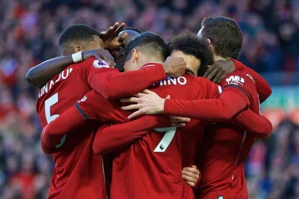 LIVERPOOL, ENGLAND - Saturday, February 9, 2019: Liverpool's Mohamed Salah celebrates scoring the third goal with team-mates during the FA Premier League match between Liverpool FC and AFC Bournemouth at Anfield. (Pic by David Rawcliffe/Propaganda)