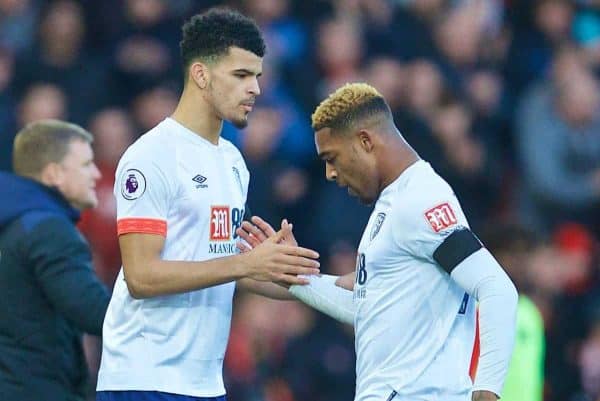 LIVERPOOL, ENGLAND - Saturday, February 9, 2019: AFC Bournemouth's Jordon Ibe is replaced by substitute Dominic Solanke during the FA Premier League match between Liverpool FC and AFC Bournemouth at Anfield. (Pic by David Rawcliffe/Propaganda)