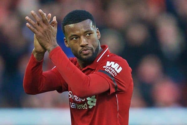 LIVERPOOL, ENGLAND - Saturday, February 9, 2019: Liverpool's goalscorer Georginio Wijnaldum applauds the supporters as he is substituted during the FA Premier League match between Liverpool FC and AFC Bournemouth at Anfield. (Pic by David Rawcliffe/Propaganda)