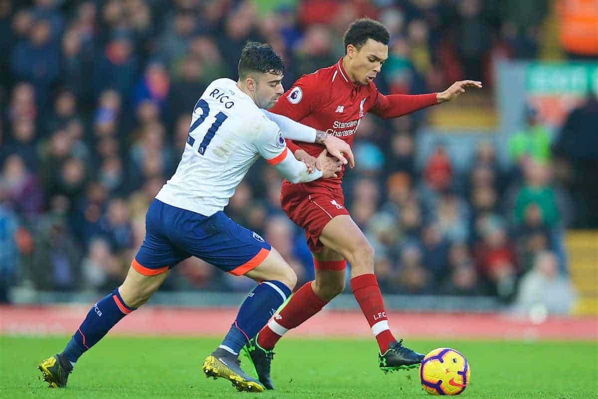 LIVERPOOL, ENGLAND - Saturday, February 9, 2019: Liverpool's Trent Alexander-Arnold and AFC Bournemouth's Diego Rico during the FA Premier League match between Liverpool FC and AFC Bournemouth at Anfield. (Pic by David Rawcliffe/Propaganda)