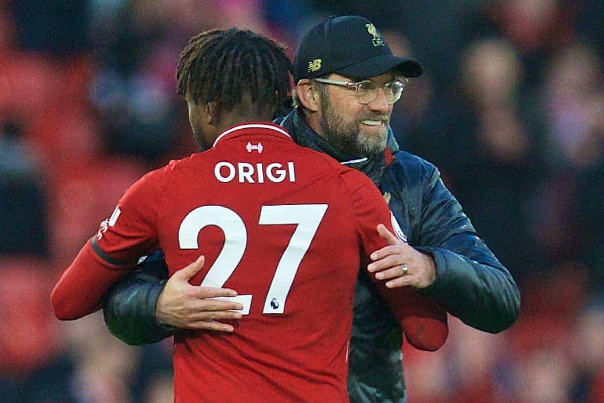 LIVERPOOL, ENGLAND - Saturday, February 9, 2019: Liverpool's manager J¸rgen Klopp embraces substitute Divock Origi after the 3-0 victory during the FA Premier League match between Liverpool FC and AFC Bournemouth at Anfield. (Pic by David Rawcliffe/Propaganda)