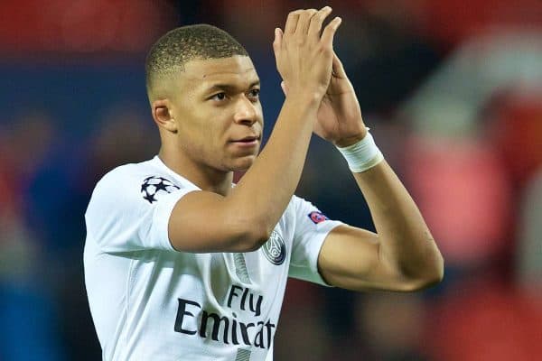 MANCHESTER, ENGLAND - Tuesday, February 12, 2019: Paris Saint-Germain's goal-scorer Kylian Mbappé celebrates after the UEFA Champions League Round of 16 1st Leg match between Manchester United FC and Paris Saint-Germain at Old Trafford. PSG won 2-0. (Pic by David Rawcliffe/Propaganda)