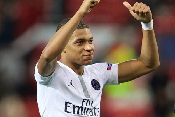 MANCHESTER, ENGLAND - Tuesday, February 12, 2019: Paris Saint-Germain's goal-scorer Kylian Mbappé celebrates after the UEFA Champions League Round of 16 1st Leg match between Manchester United FC and Paris Saint-Germain at Old Trafford. PSG won 2-0. (Pic by David Rawcliffe/Propaganda)