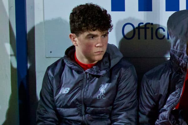 CHESTER, ENGLAND - Wednesday, February 13, 2019: Liverpool's substitutes bench goalkeeper Oscar Kelly, Fidel O'Rourke, Jack Bearne and Elijah Dixon-Bonner during the FA Youth Cup 5th Round match between Liverpool FC and Wigan Athletic FC at the Deva Stadium. (Pic by David Rawcliffe/Propaganda)