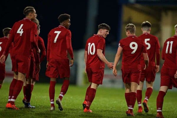 CHESTER, ENGLAND - Wednesday, February 13, 2019: Liverpool's Bobby Duncan celebrates scoring the second goal during the FA Youth Cup 5th Round match between Liverpool FC and Wigan Athletic FC at the Deva Stadium. (Pic by David Rawcliffe/Propaganda)