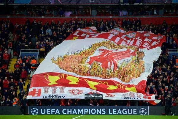 LIVERPOOL, ENGLAND - Tuesday, February 19, 2019: A huge Liverpool flag, featuring a Liverbird surrounded by flames and five European Cups "Five Times" during the UEFA Champions League Round of 16 1st Leg match between Liverpool FC and FC Bayern München at Anfield. (Pic by David Rawcliffe/Propaganda)