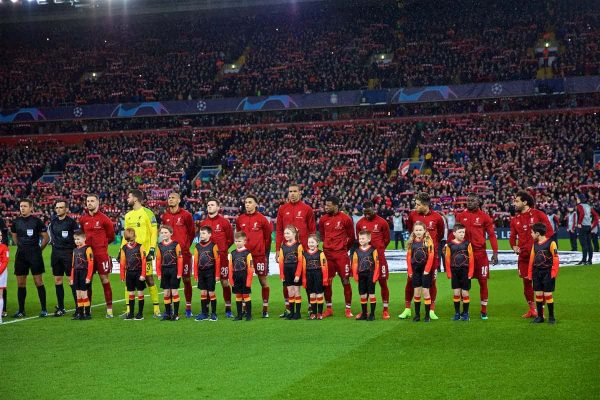 LIVERPOOL, ENGLAND - Tuesday, February 19, 2019: Liverpool players line-up with mascots before the UEFA Champions League Round of 16 1st Leg match between Liverpool FC and FC Bayern München at Anfield. (Pic by David Rawcliffe/Propaganda)