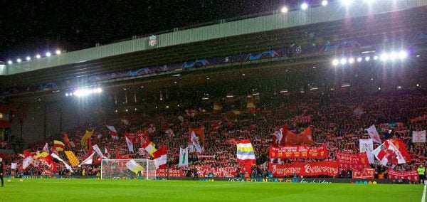LIVERPOOL, ENGLAND - Tuesday, February 19, 2019: Liverpool supporters on the Spion Kop sing "You'll Never Walk Alone" before the UEFA Champions League Round of 16 1st Leg match between Liverpool FC and FC Bayern München at Anfield. (Pic by David Rawcliffe/Propaganda)