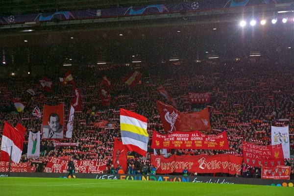 LIVERPOOL, ENGLAND - Tuesday, February 19, 2019: Liverpool supporters on the Spion Kop sing "You'll Never Walk Alone" before the UEFA Champions League Round of 16 1st Leg match between Liverpool FC and FC Bayern München at Anfield. (Pic by David Rawcliffe/Propaganda)