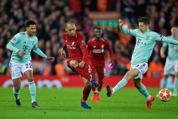 LIVERPOOL, ENGLAND - Tuesday, February 19, 2019: Liverpool's Fabio Henrique Tavares 'Fabinho' shoots during the UEFA Champions League Round of 16 1st Leg match between Liverpool FC and FC Bayern M¸nchen at Anfield. (Pic by David Rawcliffe/Propaganda)