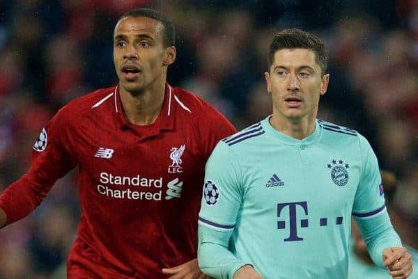 LIVERPOOL, ENGLAND - Tuesday, February 19, 2019: Liverpool's Joel Matip (L) and FC Bayern Munich's Robert Lewandowski during the UEFA Champions League Round of 16 1st Leg match between Liverpool FC and FC Bayern M¸nchen at Anfield. (Pic by David Rawcliffe/Propaganda)