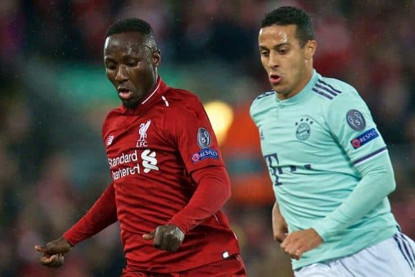 LIVERPOOL, ENGLAND - Tuesday, February 19, 2019: Liverpool's Naby Keita (L) and FC Bayern Munich's Thiago Alc·ntara during the UEFA Champions League Round of 16 1st Leg match between Liverpool FC and FC Bayern M¸nchen at Anfield. (Pic by David Rawcliffe/Propaganda)