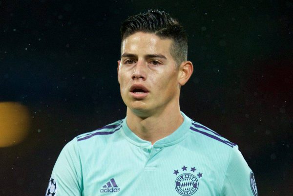 LIVERPOOL, ENGLAND - Tuesday, February 19, 2019: FC Bayern Munich's James RodrÌguez during the UEFA Champions League Round of 16 1st Leg match between Liverpool FC and FC Bayern M¸nchen at Anfield. (Pic by David Rawcliffe/Propaganda)