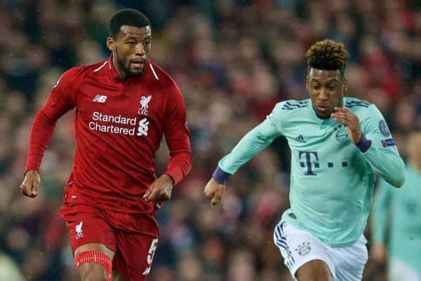 LIVERPOOL, ENGLAND - Tuesday, February 19, 2019: Liverpool's Georginio Wijnaldum (L) and FC Bayern Munich's Kingsley Coman during the UEFA Champions League Round of 16 1st Leg match between Liverpool FC and FC Bayern M¸nchen at Anfield. (Pic by David Rawcliffe/Propaganda)