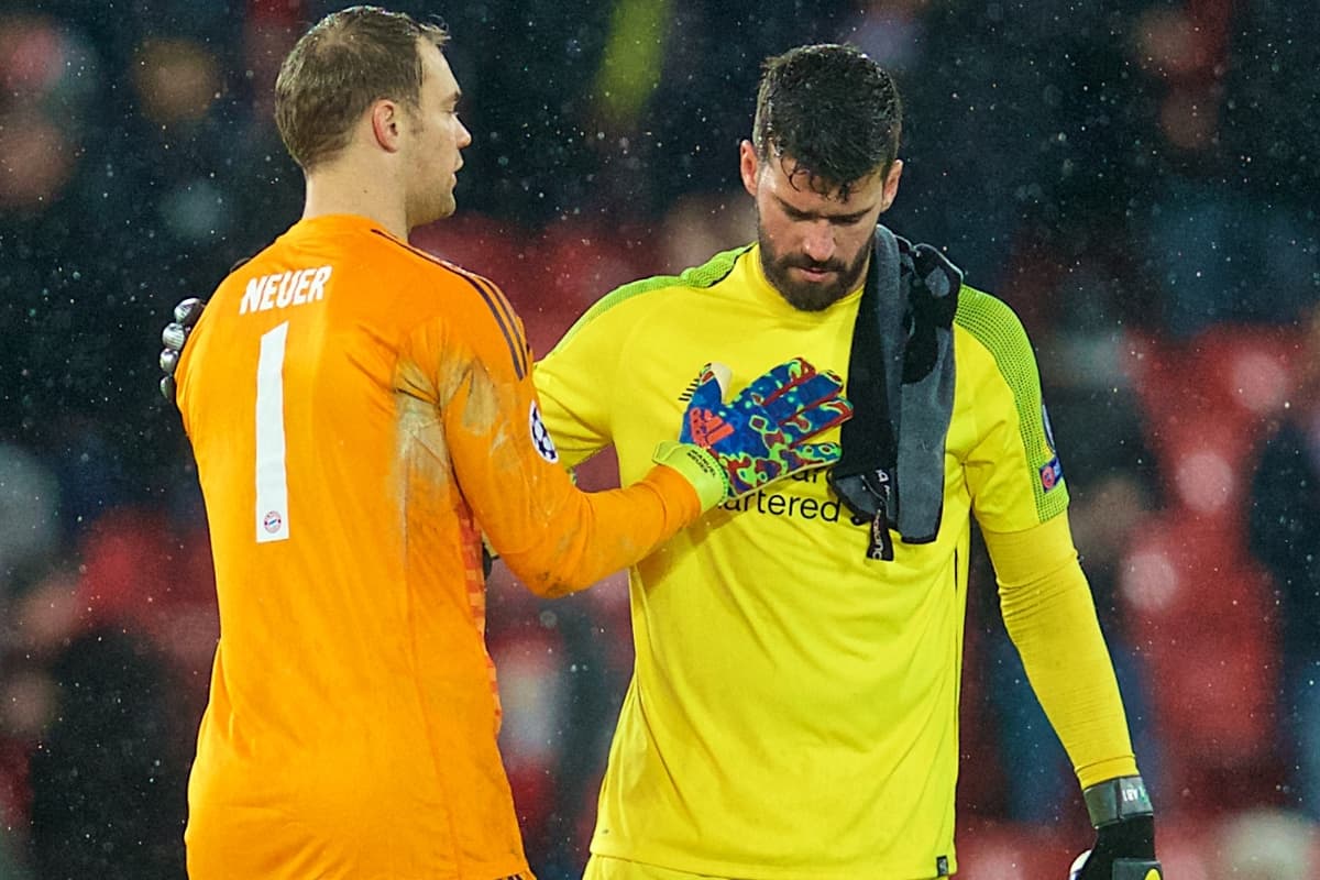 LIVERPOOL, ENGLAND - Tuesday, February 19, 2019: Liverpool's goalkeeper Alisson Becker (R) and FC Bayern Munich's goalkeeper Manuel Neuer after the UEFA Champions League Round of 16 1st Leg match between Liverpool FC and FC Bayern München at Anfield. The game ended in a 0-0 draw. (Pic by David Rawcliffe/Propaganda)