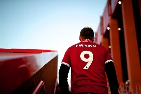 LIVERPOOL, ENGLAND - Wednesday, February 27, 2019: A Liverpool supporter wearing a shirt with Firmino 9 on the back walks up the stairs to the Main Stand before the FA Premier League match between Liverpool FC and Watford FC at Anfield. (Pic by Paul Greenwood/Propaganda)