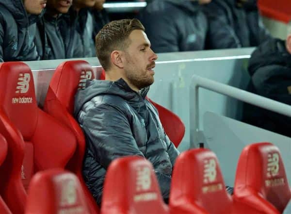 LIVERPOOL, ENGLAND - Wednesday, February 27, 2019: Liverpool's captain Jordan Henderson on the substitutes bench before the FA Premier League match between Liverpool FC and Watford FC at Anfield. (Pic by Paul Greenwood/Propaganda)