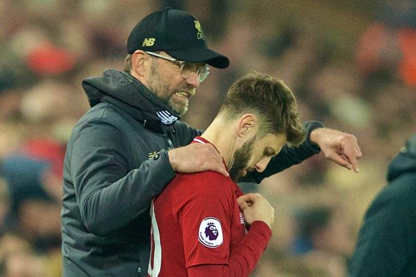 LIVERPOOL, ENGLAND - Wednesday, February 27, 2019: Liverpool's manager J¸rgen Klopp prepares to bring on substitute Adam Lallana during the FA Premier League match between Liverpool FC and Watford FC at Anfield. (Pic by Paul Greenwood/Propaganda)