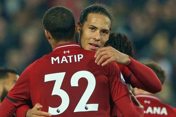 LIVERPOOL, ENGLAND - Wednesday, February 27, 2019: Liverpool's Virgil van Dijk celebrates with Joel Matip after the FA Premier League match between Liverpool FC and Watford FC at Anfield. (Pic by Paul Greenwood/Propaganda)