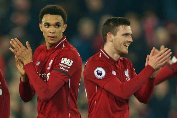 LIVERPOOL, ENGLAND - Wednesday, February 27, 2019: Liverpool's Trent Alexander-Arnold and Andy Robertson celebrate after the 5-0 victory during the FA Premier League match between Liverpool FC and Watford FC at Anfield. (Pic by Paul Greenwood/Propaganda)