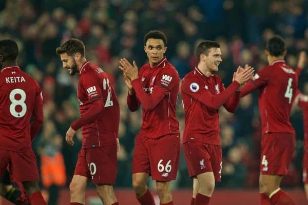 LIVERPOOL, ENGLAND - Wednesday, February 27, 2019: Liverpool's Trent Alexander-Arnold and Andy Robertson celebrate after the 5-0 victory during the FA Premier League match between Liverpool FC and Watford FC at Anfield. (Pic by Paul Greenwood/Propaganda)