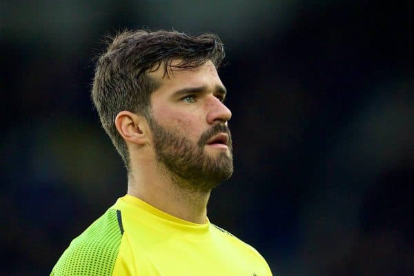 LIVERPOOL, ENGLAND - Sunday, March 3, 2019: Liverpool's goalkeeper Alisson Becker during the FA Premier League match between Everton FC and Liverpool FC, the 233rd Merseyside Derby, at Goodison Park. (Pic by Laura Malkin/Propaganda)