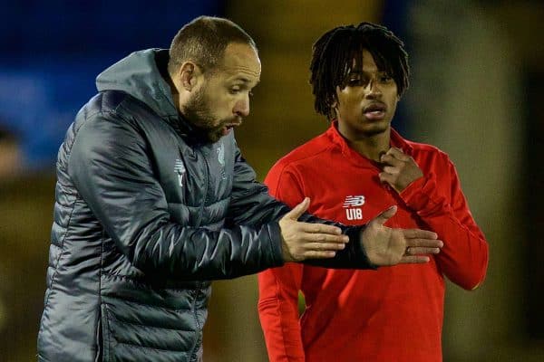 BURY, ENGLAND - Wednesday, March 6, 2019: Liverpool's Under-18 manager Barry Lewtas and Yasser Larouci before the FA Youth Cup Quarter-Final match between Bury FC and Liverpool FC at Gigg Lane. (Pic by David Rawcliffe/Propaganda)