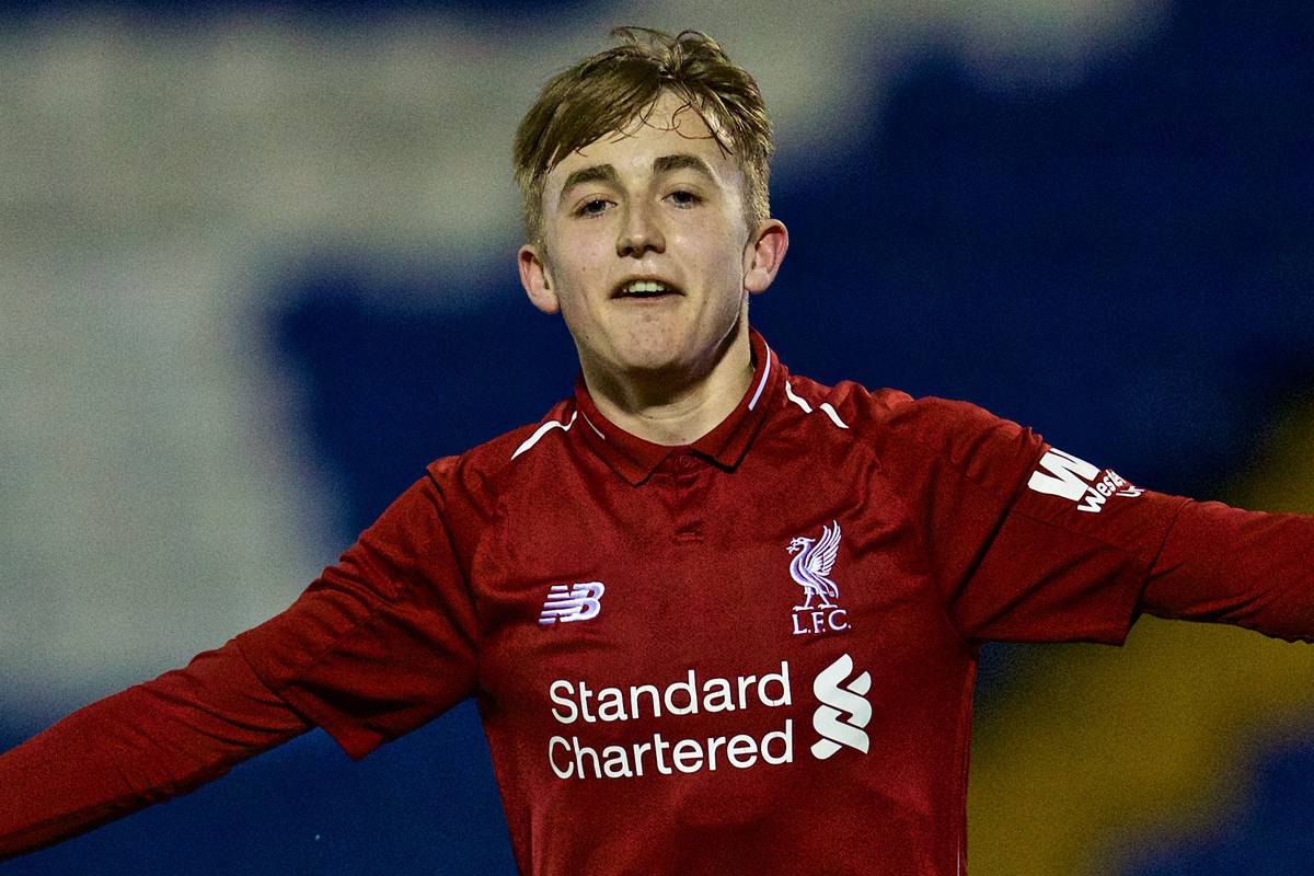 BURY, ENGLAND - Wednesday, March 6, 2019: Liverpool's Jake Cain celebrates scoring the second goal during the FA Youth Cup Quarter-Final match between Bury FC and Liverpool FC at Gigg Lane. (Pic by David Rawcliffe/Propaganda)