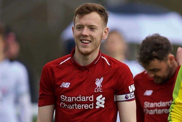 DERBY, ENGLAND - Friday, March 8, 2019: Liverpool's captain George Johnston leads his side out with goalkeeper Caoimhin Kelleher before the FA Premier League 2 Division 1 match between Derby County FC Under-23's and Liverpool FC Under-23's at the Derby County FC Training Centre. (Pic by David Rawcliffe/Propaganda)