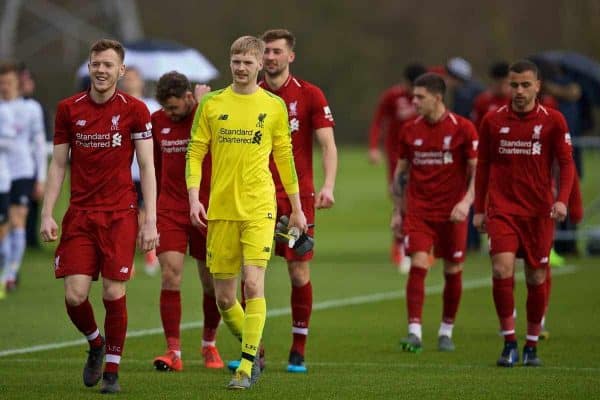 DERBY, ENGLAND - Friday, March 8, 2019: Liverpool's captain George Johnston leads his side out with goalkeeper Caoimhin Kelleher before the FA Premier League 2 Division 1 match between Derby County FC Under-23's and Liverpool FC Under-23's at the Derby County FC Training Centre. (Pic by David Rawcliffe/Propaganda)