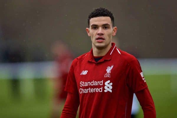 DERBY, ENGLAND - Friday, March 8, 2019: Liverpool's substitute Isaac Christie-Davies during the FA Premier League 2 Division 1 match between Derby County FC Under-23's and Liverpool FC Under-23's at the Derby County FC Training Centre. (Pic by David Rawcliffe/Propaganda)