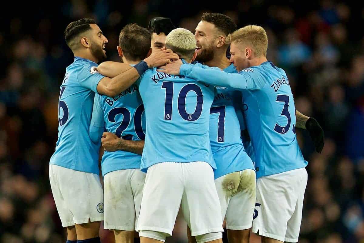 MANCHESTER, ENGLAND - Saturday, March 9, 2019: Manchester City's Raheem Sterling celebrates scoring the first goal during the FA Premier League match between Manchester City FC and Watford FC at City of Manchester Stadium. (Pic by David Rawcliffe/Propaganda)