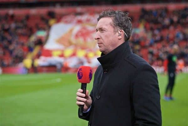 LIVERPOOL, ENGLAND - Sunday, March 31, 2019: Former Liverpool player Robbie Fowler working for Premier League television as a pundit before the FA Premier League match between Liverpool FC and Tottenham Hotspur FC at Anfield. (Pic by David Rawcliffe/Propaganda)