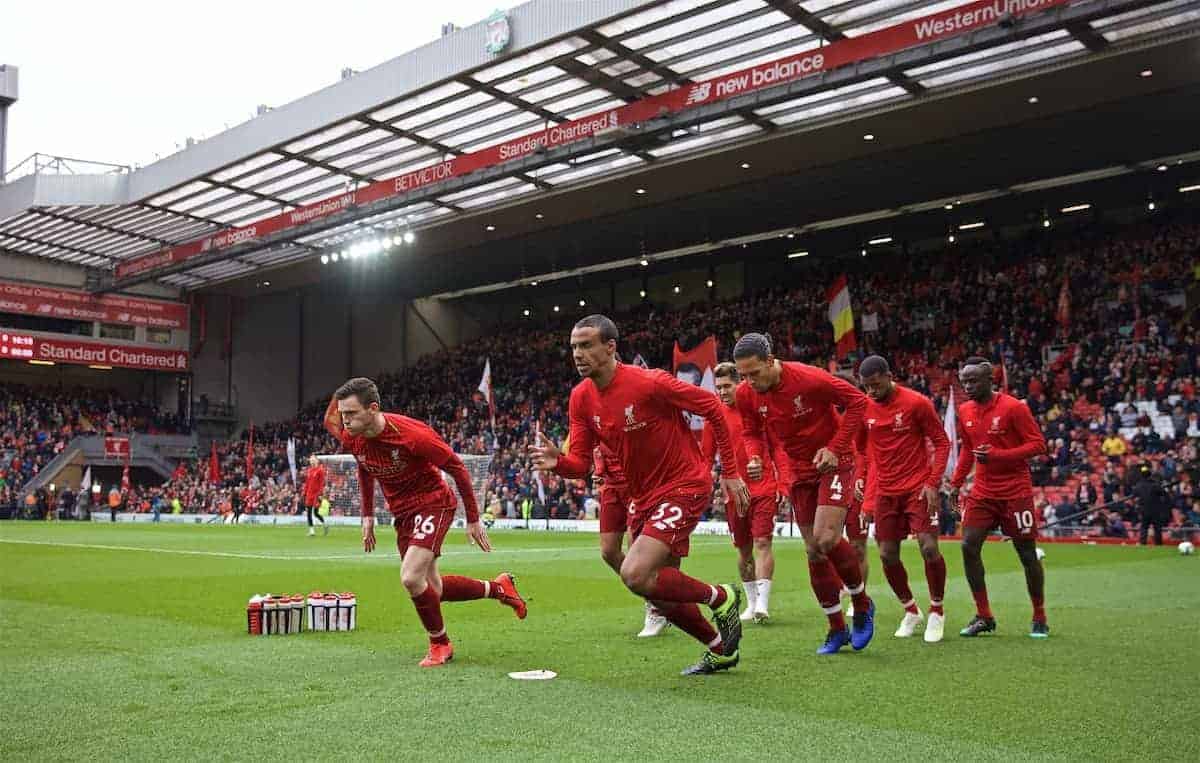 LIVERPOOL, ENGLAND - Sunday, March 31, 2019: Liverpool's Andy Robertson (L) and Joel Matip during the pre-match warm-up before the FA Premier League match between Liverpool FC and Tottenham Hotspur FC at Anfield. (Pic by David Rawcliffe/Propaganda)