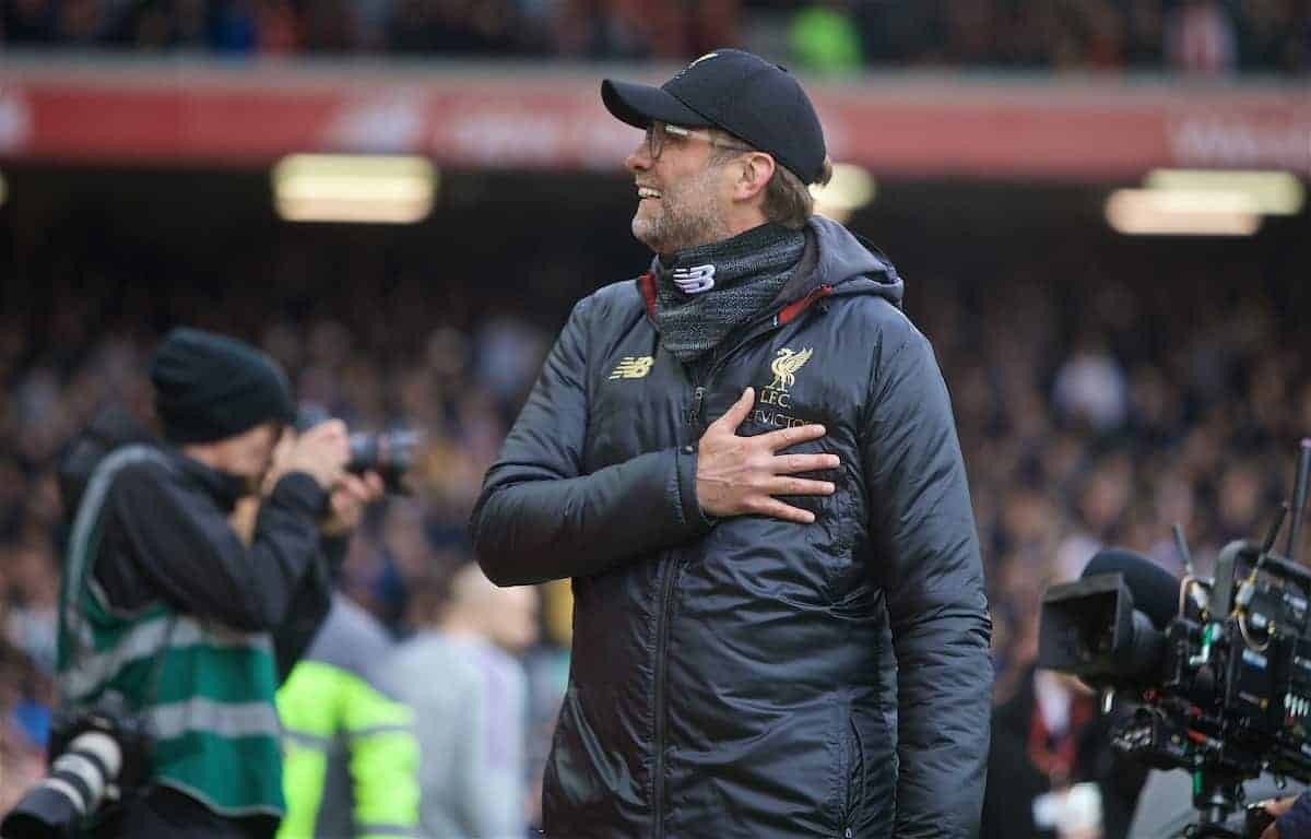 LIVERPOOL, ENGLAND - Sunday, March 31, 2019: Liverpool's manager J¸rgen Klopp gestures to his wife before the FA Premier League match between Liverpool FC and Tottenham Hotspur FC at Anfield. (Pic by David Rawcliffe/Propaganda)