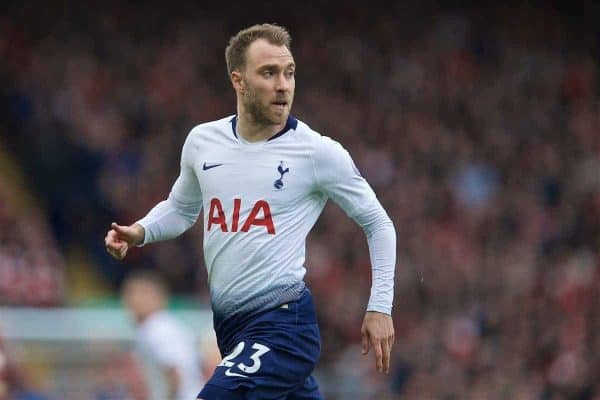 LIVERPOOL, ENGLAND - Sunday, March 31, 2019: Tottenham Hotspur's Christian Eriksen during the FA Premier League match between Liverpool FC and Tottenham Hotspur FC at Anfield. (Pic by David Rawcliffe/Propaganda)