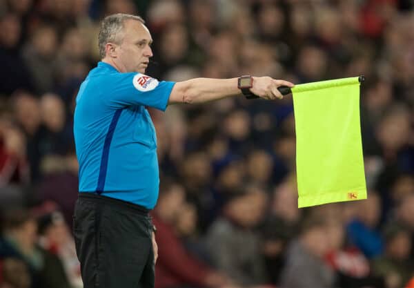 SOUTHAMPTON, ENGLAND - Friday, April 5, 2019: Assistant referee Darren Cann flags for off-side during the FA Premier League match between Southampton FC and Liverpool FC at the St. Mary's Stadium. (Pic by David Rawcliffe/Propaganda)